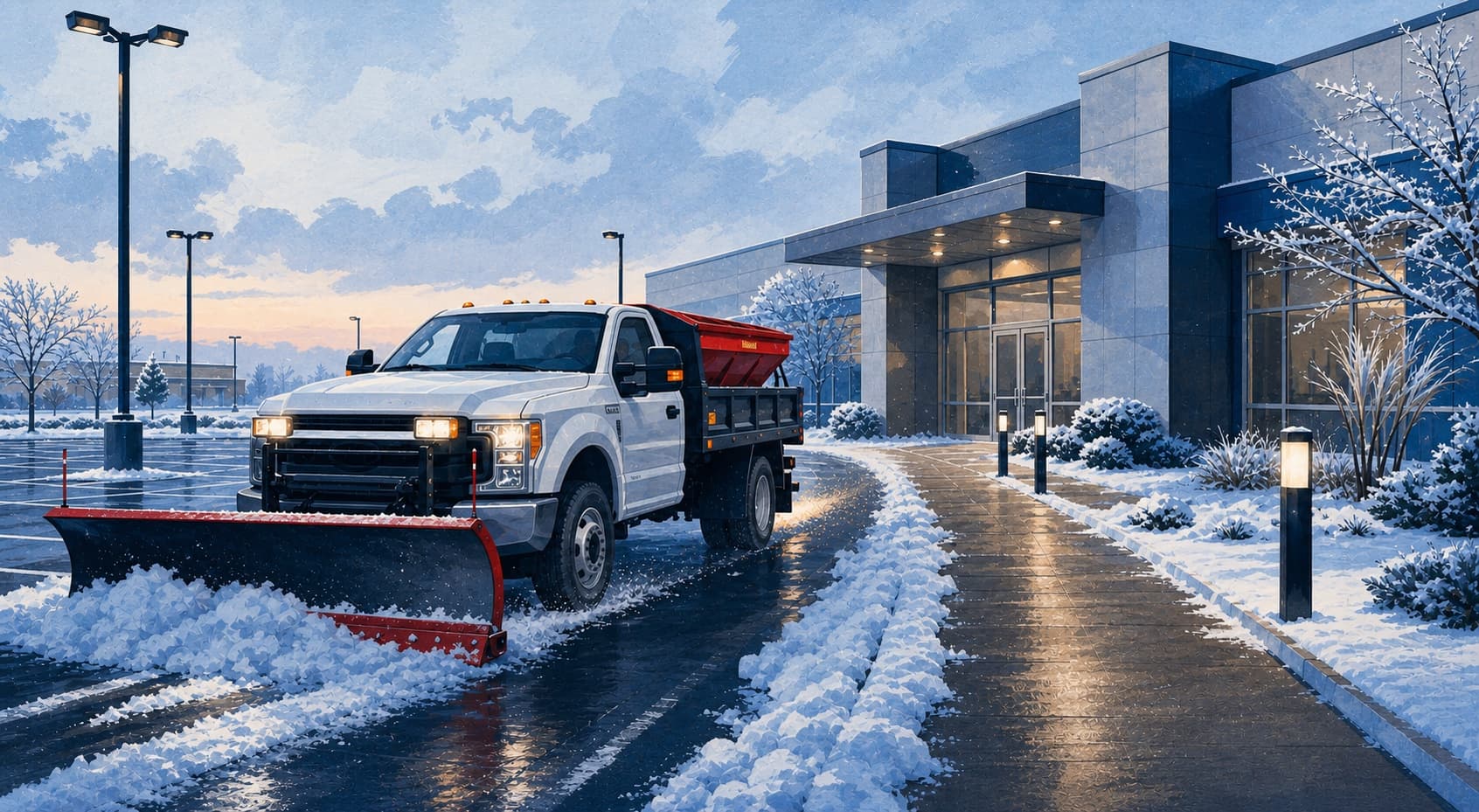 Editorial illustration of a snowplow clearing a parking area beside a treated building entrance